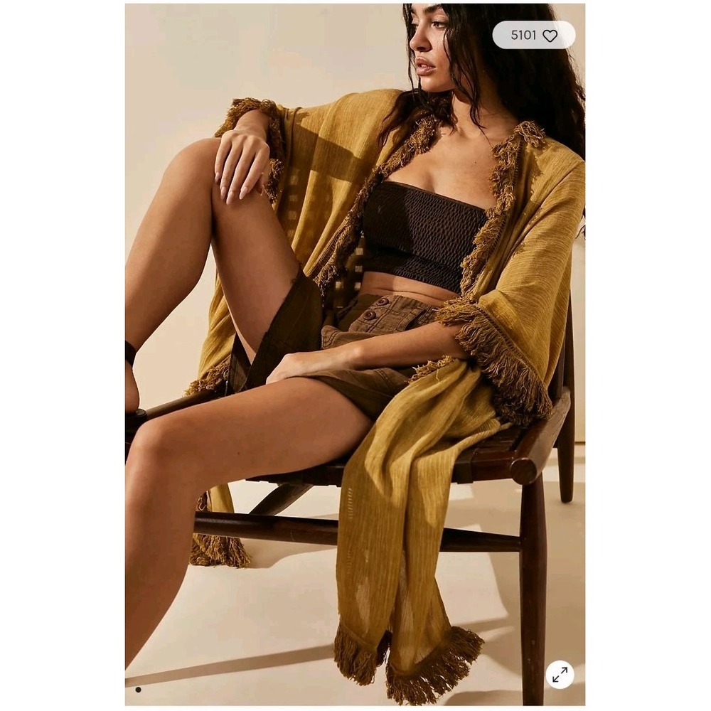 Free People One Size Sun Bleached Fringe Kimono Gold Yellow Shrug Lightweight